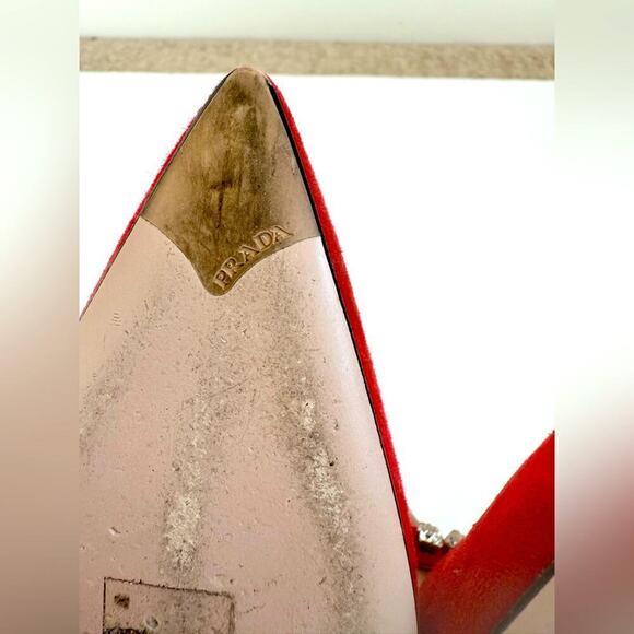 Prada Red Suede Leather Crystal embellished Mary Jane Sling back pumps EU 38.5 - Picture 10 of 11